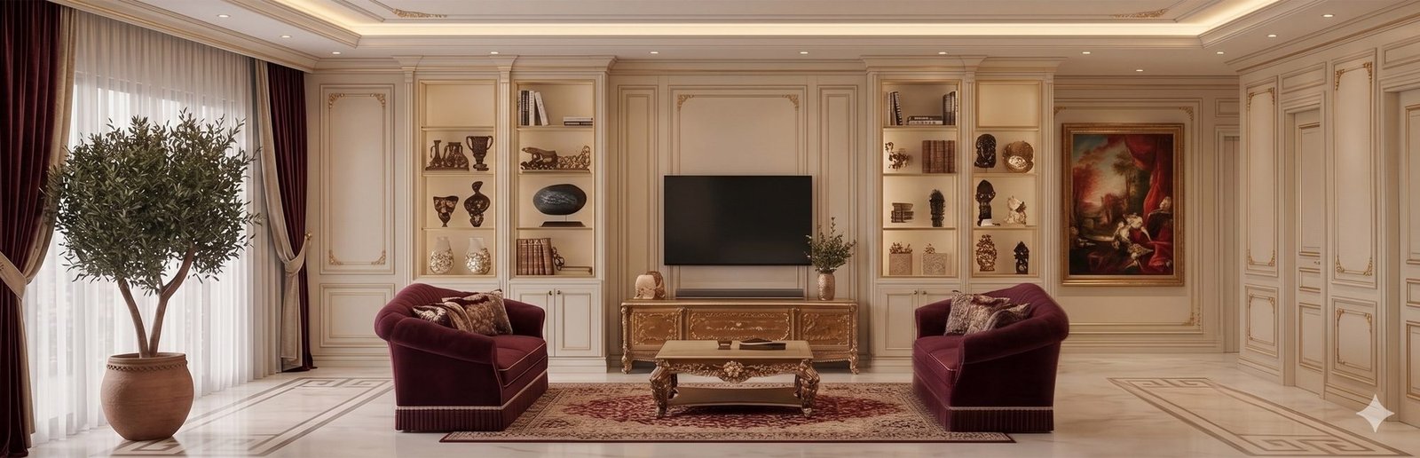 The Carmine register — opulent, theatrical drawing room